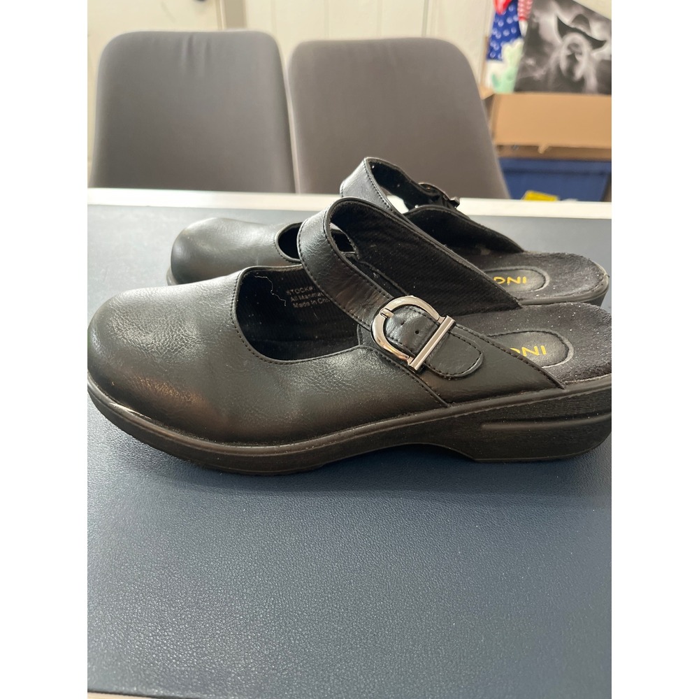 INGARO Womens Black Leather Slip On Clog Shoes Size 8 M Buckle‎ Accent - Picture 3 of 6